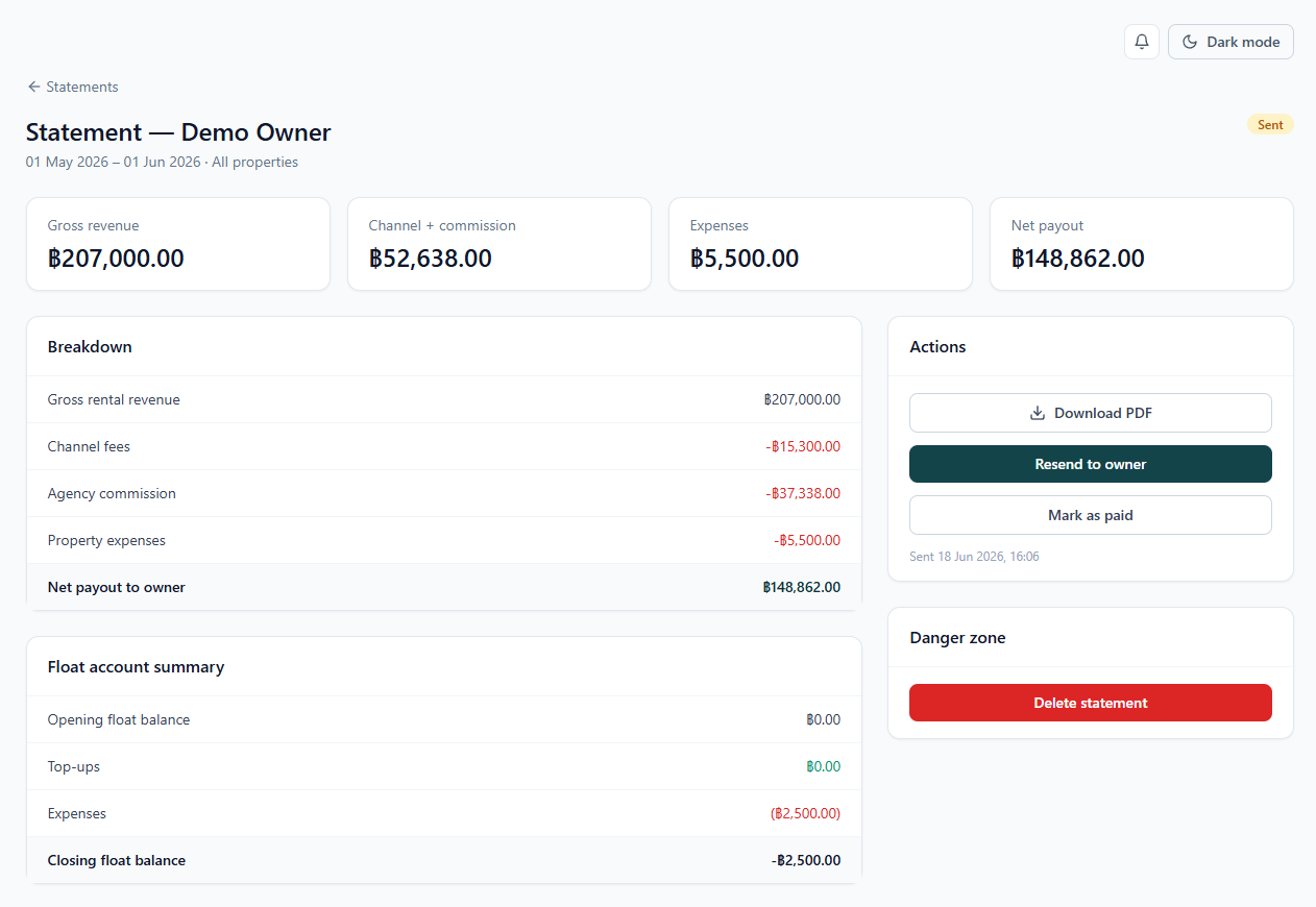 Owner payouts, statements & analytics